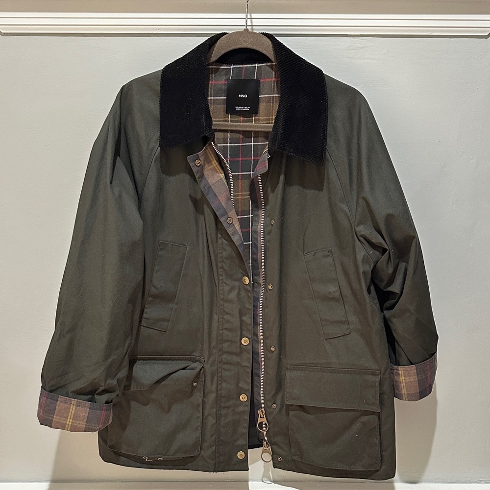 Mango Olive Barn Jacket with Black Collar